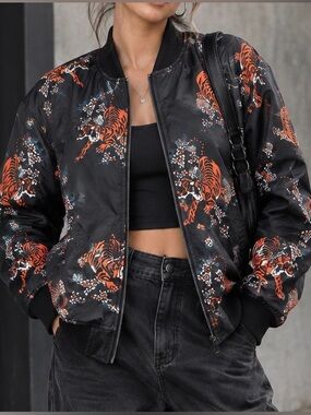G-Net Black & Orange Tiger Floral Print Bomber Jacket Unisex Large - XL